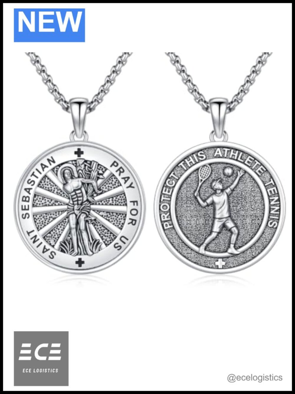 St Sebastian Tennis Medal Necklace Silver Plated 22in Stainless Steel Chain